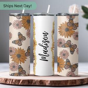 Personalized Boho Flowers 70s With Lid Cup Gift For Her- Women Tumbler Butterfly Lover Gift For Auntie On Her Birthday - Cool Boho Tumbler