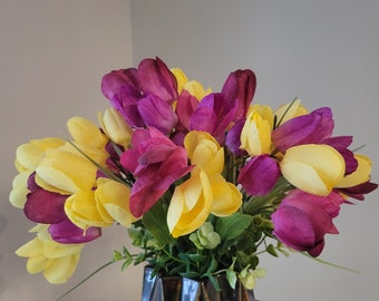 Enchanting Small Bouquets of Mini Yellow and Purple Tulips