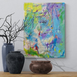 Blue Large painting original, abstract wall art canvas, abstract Living room art, collage wall art, Israeli artist, canvas colorful art