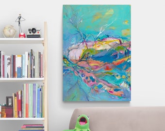 Original painting, Abstract wall art on canvas, Living room wall art, Colorful landscape wall art, Blue landscape painting, Israeli art