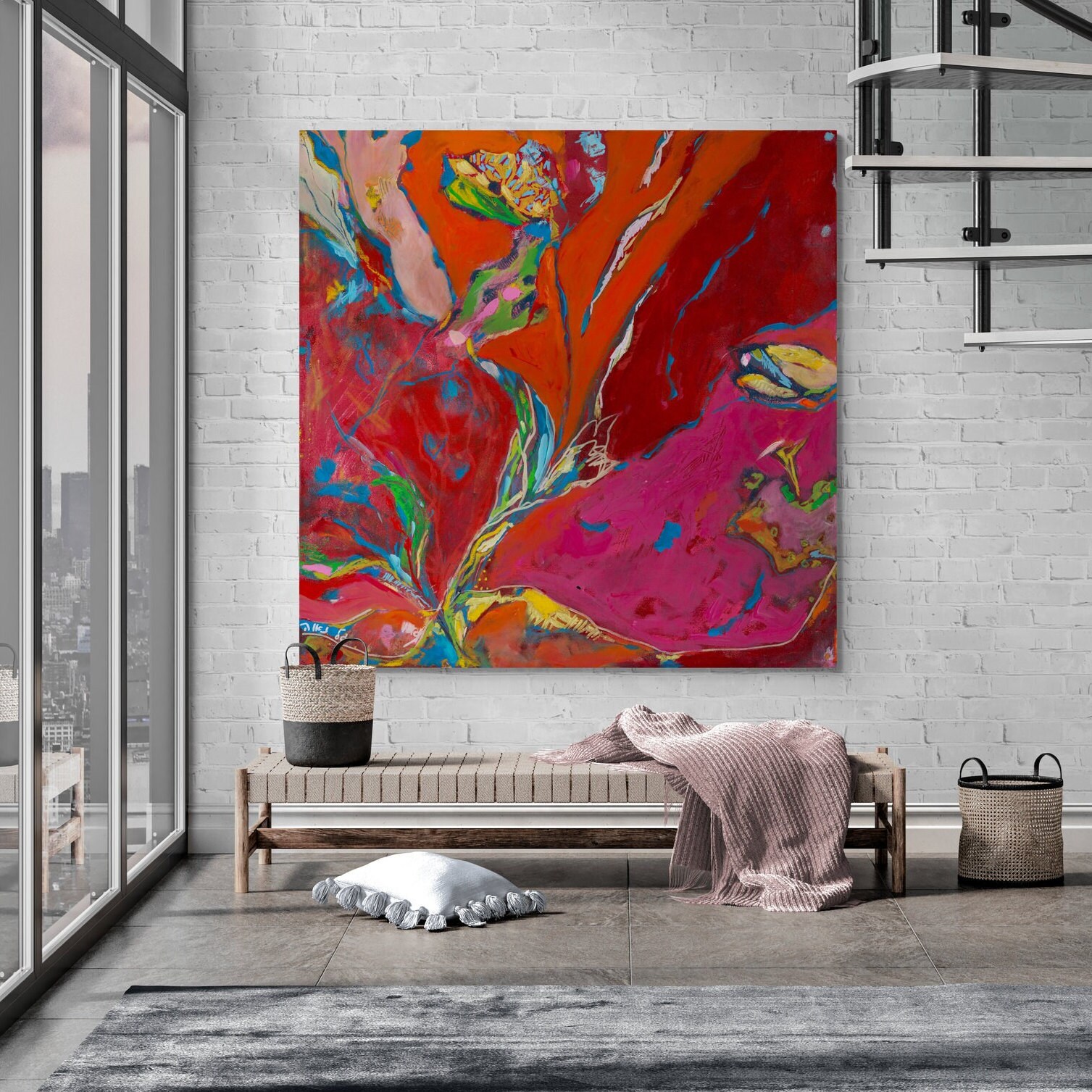 Red Canvas Wall Art,abstract Wall Art Canvas, Abstract Flower Print, Living Room Painting