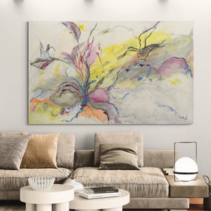 Gray large painting original, Abstract wall art canvas, Abstract Living room art, Flower collage wall art on canvas, Israeli artist painting