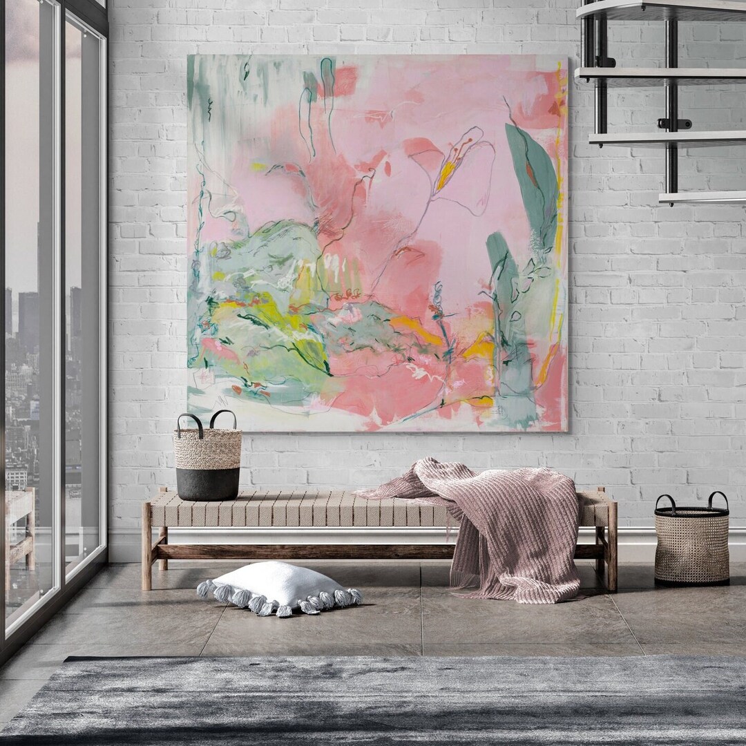Pink Painting, Abstract Wall Art, Living Room Wall Décor, Pastel Canvas ...