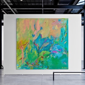 Turquoise Floral Acrylic Art Print - Colorful Large Canvas Art - Modern Print Flowers Wall Art Collage for Living Room Walls - Gift for Her