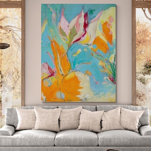 Turquoise and orange canvas art, Colorful large canvas art, Flower printed canvas art, Modern wall art living room
