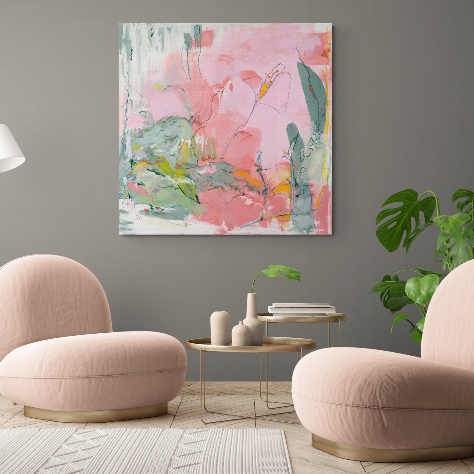 Pink Painting, Abstract Wall Art, Living Room Wall Décor, Pastel Canvas ...