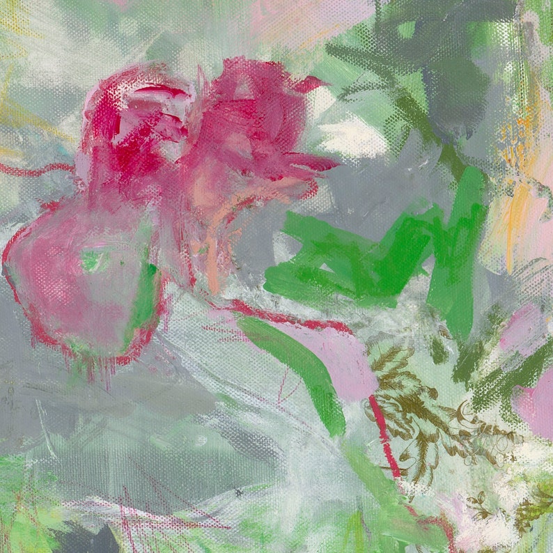 Pink Landscape Painting, Green Abstract Cavnas, Abstract Wall Art