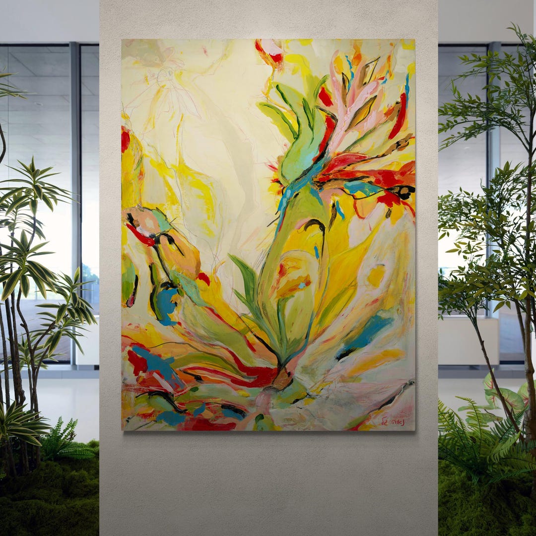 Abstract Yellow Flower Giclée Print on Canvas – Large Vertical Wall Art ...