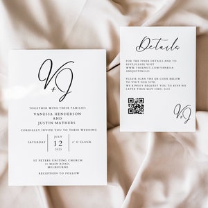 Monogram Script Wedding Suite QR Code RSVP Monochrome Invitation Suite Template