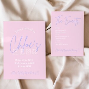 Pink and Lilac Hens Bachelorette Invitation Suite Party Details Card Editable Template