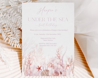 Modèle d'invitation de fête d'anniversaire pour 1er anniversaire aquarelle sous la mer