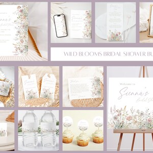 May include: A collection of stationery items for a bridal shower, including invitations, a phone screen, menu cards, a table sign, gift tags, thank you cards, water bottle labels, cupcake toppers, and a welcome sign. The items feature floral designs and the text "Wild Blooms Bridal Shower Bundle".