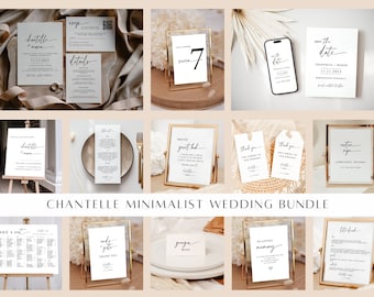 May include: A selection of minimalist wedding stationery, including invitations, table numbers, and signage. The designs feature elegant calligraphy and a neutral colour palette. The text "Chantelle Minimalist Wedding Bundle" is displayed.