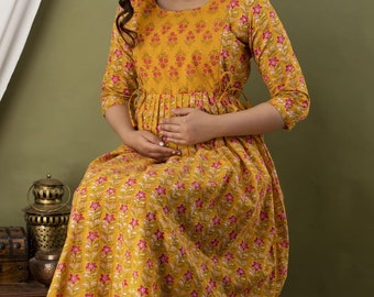 Indian Handblocked Printed Maternity Gown Luxurious Post natal Feeding Gown For Women Cotton Feeding For Nursing Women