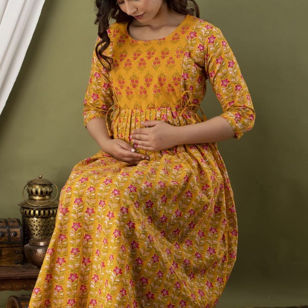 Indian Handblocked Printed Maternity Gown Luxurious Post natal Feeding Gown For Women Cotton Feeding For Nursing Women