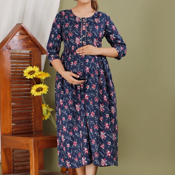 Cotton Maternity Nursing Feeding Gowns for Women Cotton Nursing Gown Post Natal Care Feeding Gown Handblocked Print Zipper Closure