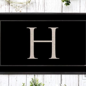 May include: A rectangular black doormat with a beige letter "H" in the center. The letter is framed by a black border and a thin beige border. The doormat is set against a white wooden background.