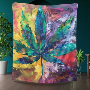 Colorful Pot Leaf Design Fleece Blanket, Velveteen Microfiber Blanket