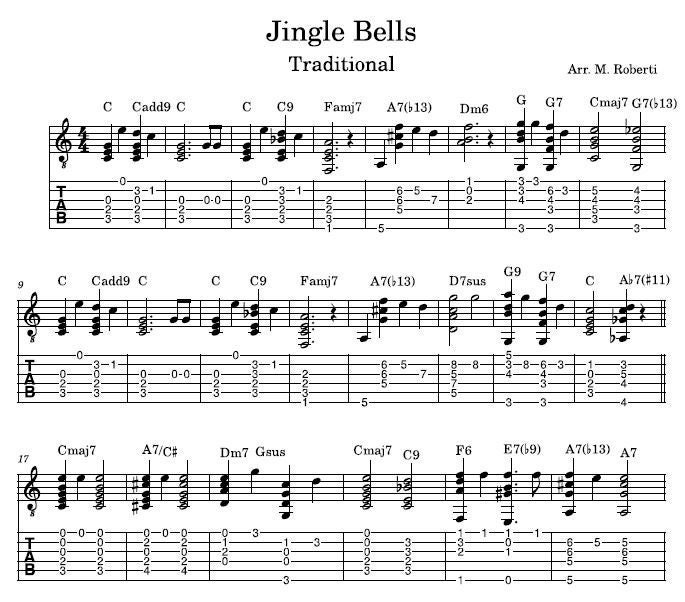 Jingle Bells traditional Christmas Music Carol Song Sheet Music Guitar