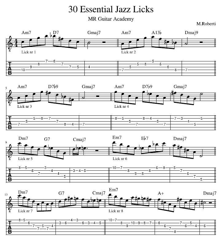 30 Essential JAZZ Licks You Must Know Sheet Music Guitar TABS and Score