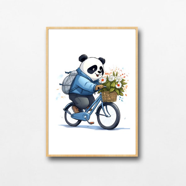 Panda Citi Bike Tour, druckbare Panda Radfahren Poster, blauer Hoodie, Blumenkorb, Fahrrad Liebhaber Dekor, fröhliche Kunst, Kinderzimmer, digitaler Download