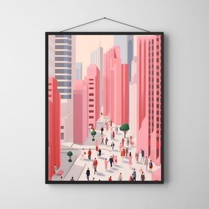 Big Citi Life, Modern Wall Art, People Walking Amid Skyscrapers, Light Pink, Simple & Elegant Compositions, Modern Artwork, Urban Living