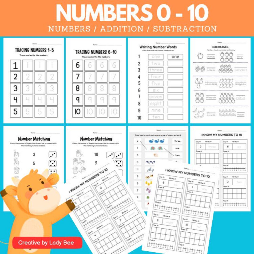 Numbers, Addition and Subtraction Worksheets Within 10 for Kids 3-5 ...