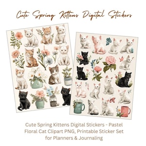 Cute Cat Spring Kittens Digital Stickers - Pastel Floral Cat Clipart PNG, Printable Sticker Set for Planners & Journaling