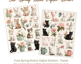 Cute Cat Spring Kittens Digital Stickers - Pastel Floral Cat Clipart PNG, Printable Sticker Set for Planners & Journaling