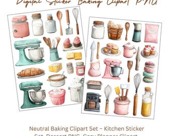 Cuisson neutre Clipart - Dessert PNG, ensemble d'autocollants de cuisine, clipart planificateur confortable, bordure blanche, téléchargement numérique