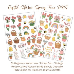 Spring Time Sticker & Clipart Set – Cute Bunnies, Flowers, Bicycle, Garden Tools, Watercolor PNG for Scrapbook and Planner