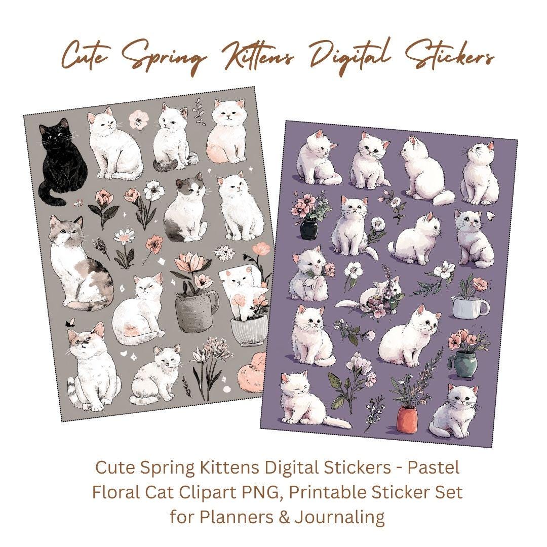 Spring Kittens Digital Stickers - Cute Cat PNG Clipart for Cricut ...