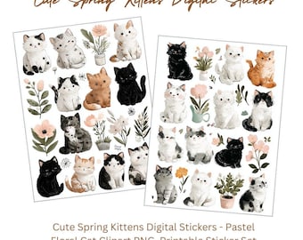 Spring Kittens Digital Stickers - Fluffy White Cats Clipart PNG, Pastel Floral Stickers for Journaling, Crafts & Planner Use