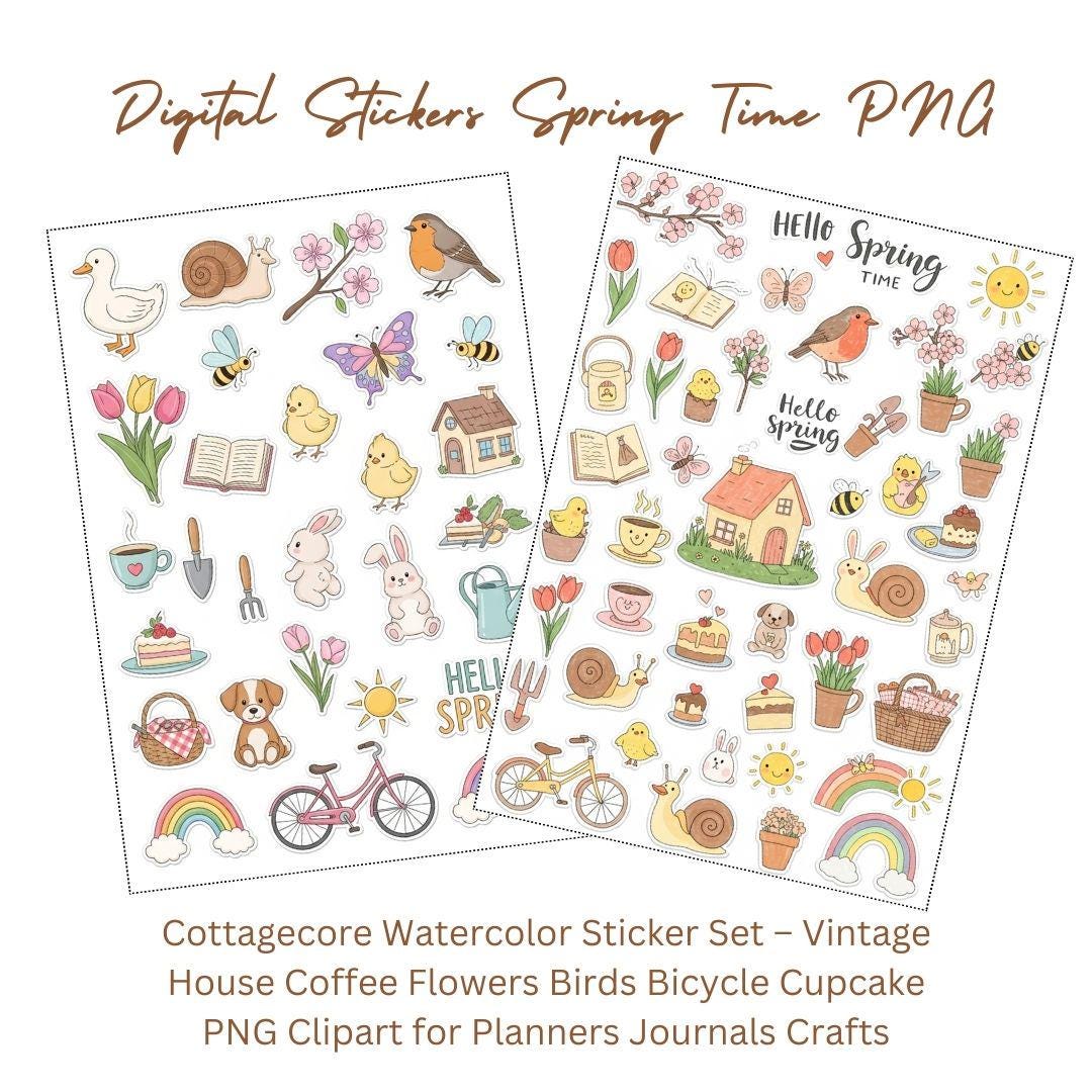 Spring Time Sticker & Clipart Set – Cute Bunnies, Flowers, Bicycle ...