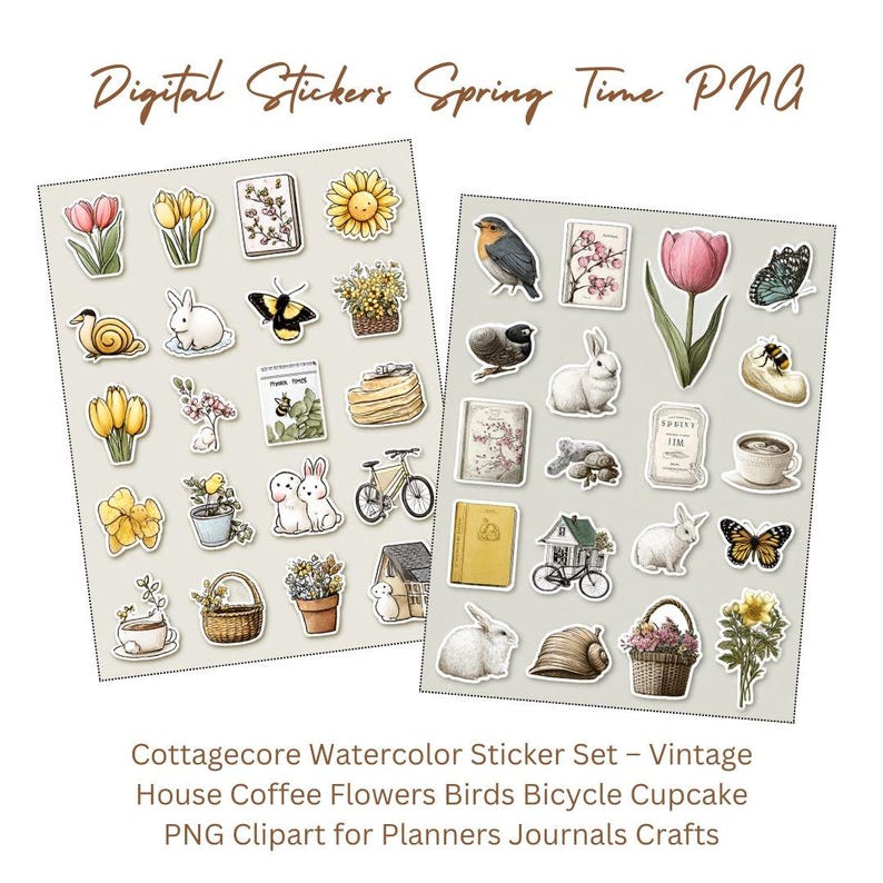 Spring Time Sticker Set – Cute Bunny, Flowers, Cottage, Coffee Clipart ...