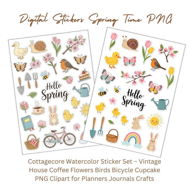 Spring Time Sticker & Clipart Set – Cute Bunnies, Flowers, Bicycle ...