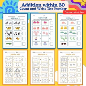 Math Addition Worksheets within 20 for Preschool and Kindergarten