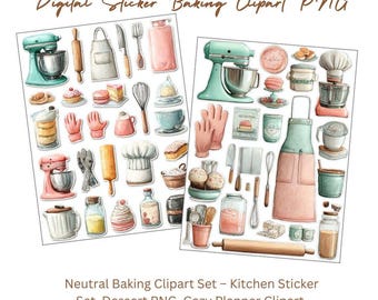 Cuisson neutre Clipart - Dessert PNG, ensemble d'autocollants de cuisine, clipart planificateur confortable, bordure blanche, téléchargement numérique