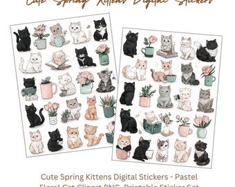 Spring Kittens Digital Stickers - 2D Floral Cat Clipart PNG, Cute Pastel Cats for Journaling & Crafts, Transparent Background