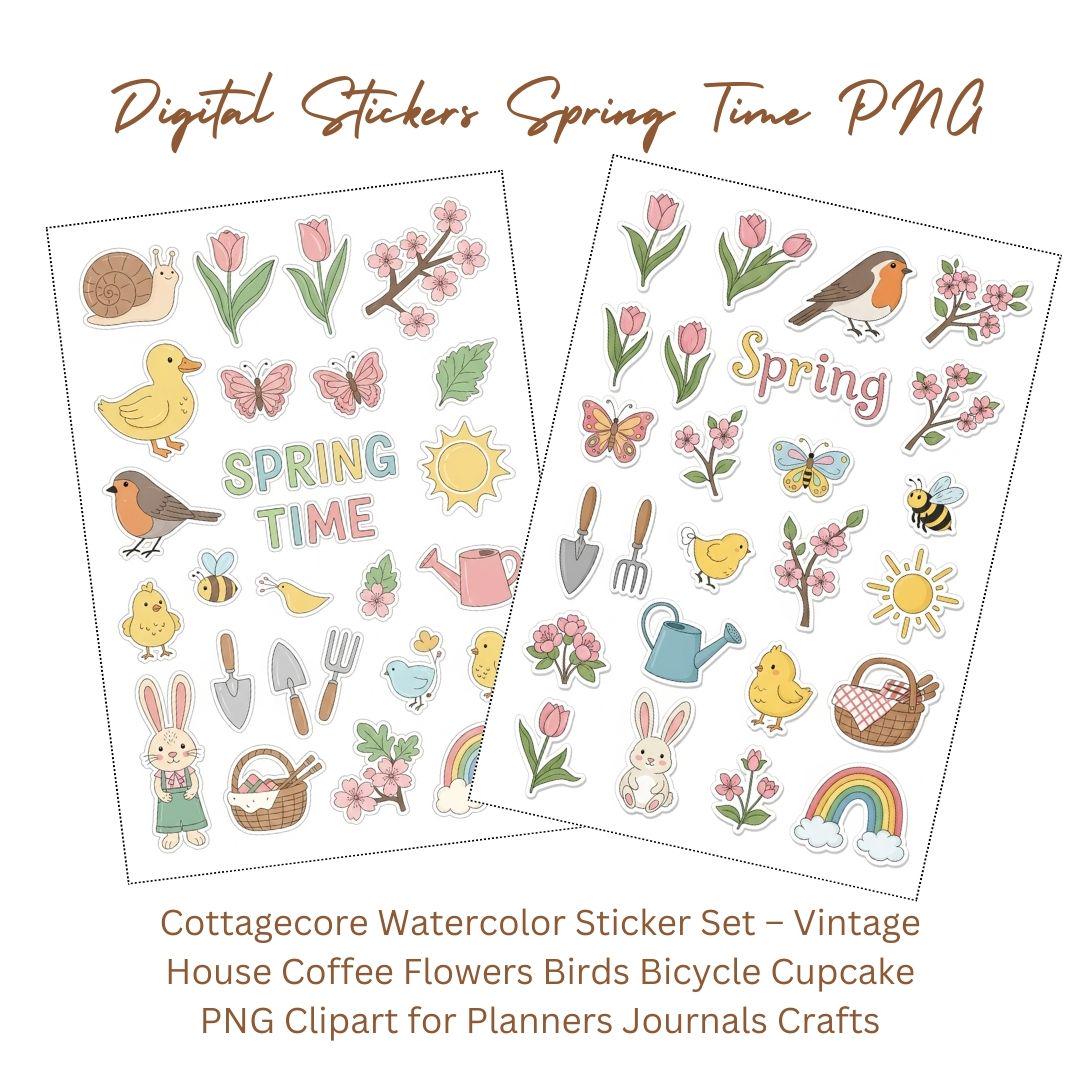 Spring Time Sticker & Clipart Set – Cute Bunnies, Flowers, Bicycle ...