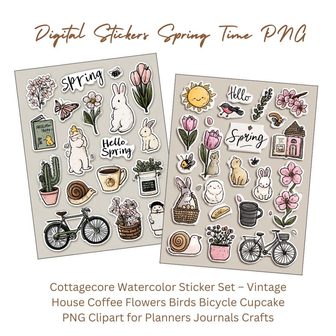 Spring Time Clear Sticker Hello Spring Stickers Set | Cute Floral Bunny Butterfly Digital Clipart ...