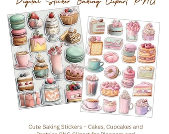 Ensemble d'autocollants clipart pâtisserie – PNG pour gâteaux, cupcakes et pâtisseries pour agendas, scrapbooking et travaux manuels