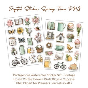 Cottagecore Watercolor Sticker Set – Vintage House Coffee Flowers Birds Bicycle Cupcake PNG Clipart for Planners Journals Crafts
