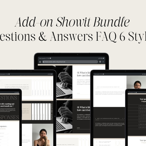 FAQ Showit Add-On Template Canvas Bundle : comprend 6 styles avec une licence commerciale pour les designers et un téléchargement immédiat