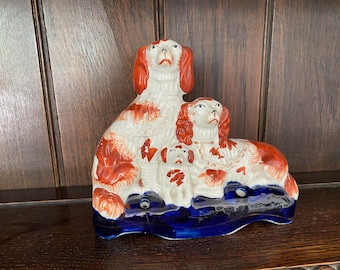Lovely Antique Staffordshire Pottery Inkwell a Family of Spaniels