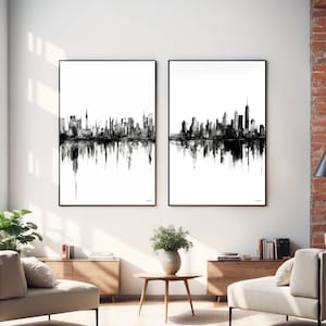 Conjunto de 2 impresiones de pintura de Nueva York, pintura al óleo abstracta en blanco y negro, póster de la galería de arte de Nueva York para imprimir en la pared, arte de pinceladas, póster del horizonte de la ciudad