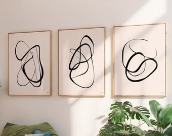 Single Line Art Abstract Print Set of 3, Black White Printable Art Modern Minimalist Line Drawing, Scandinavian Poster Digital Download