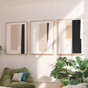 Abstract Geometric, Trendy Wall Art Set of 3 Prints Neutral Minimalist, Scandinavian Art Printable, Black Beige Painting, Midcentury Modern