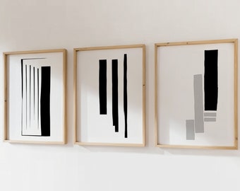 Minimalist Abstract Stripes Painting Set of 3 Prints, Black White Printable Wall Art, Line Art Drawing, Scandinavian Decor, Digital Download