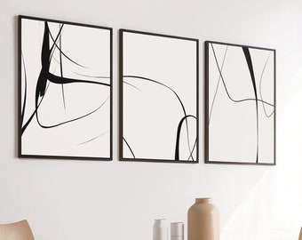 Abstract Lines Wall Art Set of 3 Prints, Black White Posters Minimalist Line Drawing, Neutral Gallery Wall Printable Digital Download